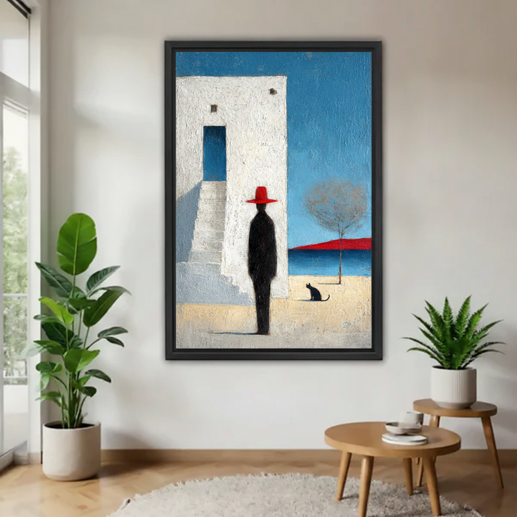 Minimalist Mediterranean wall art in black frame displayed on white wall with indoor plants