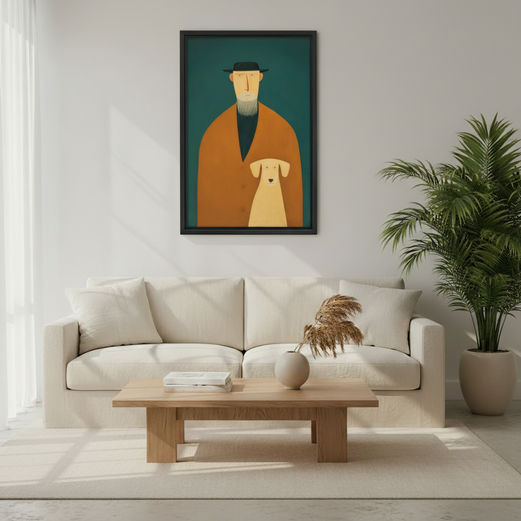 Quirky bearded man black hat orange coat yellow dog mid-century portrait wall art print in black frame above cream sofa with oak coffee table and pampas grass vase in minimalist living room