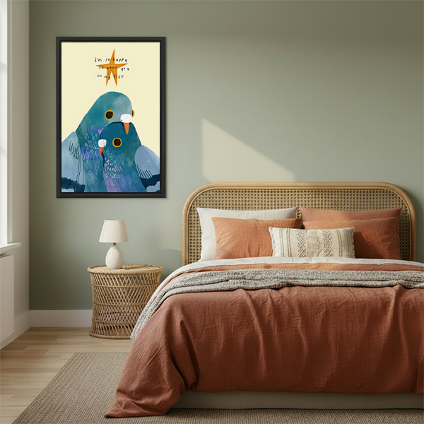 Romantic love birds canvas wall art with golden star and heartfelt quote hanging in cozy boho bedroom above rattan bed with terracotta bedding