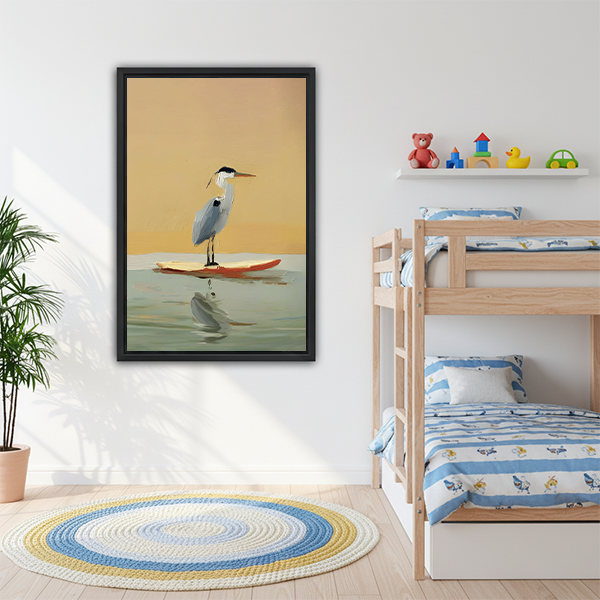 Funny Heron Surfboard Sunset Framed Canvas Wall Art l2544