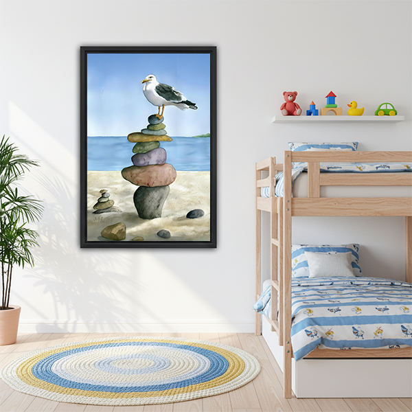 Seagull on balanced stones framed canvas wall art above sofa, serene coastal watercolor print for living room decor