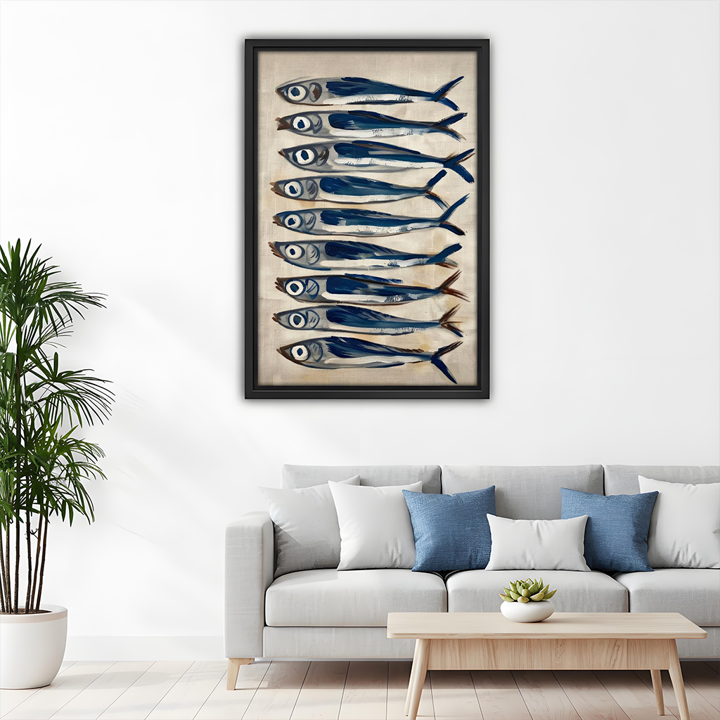 	Mediterranean sardines fish framed wall art – living room coastal blue oil painting home decor

