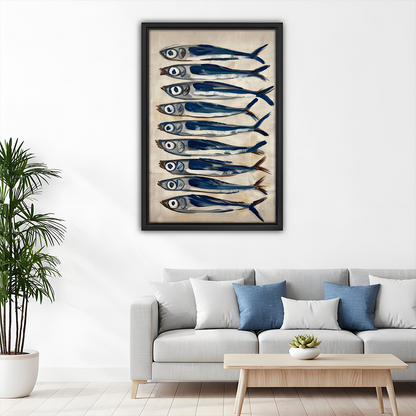 	Mediterranean sardines fish framed wall art – living room coastal blue oil painting home decor
