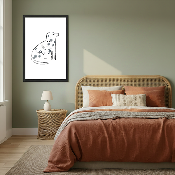 Minimalist dalmatian spot art in black frame above rattan bed with terracotta bedding in sage green boho bedroom