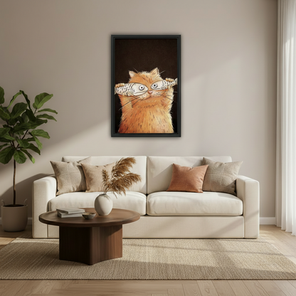 Funny animal framed canvas print above beige sofa in modern living room