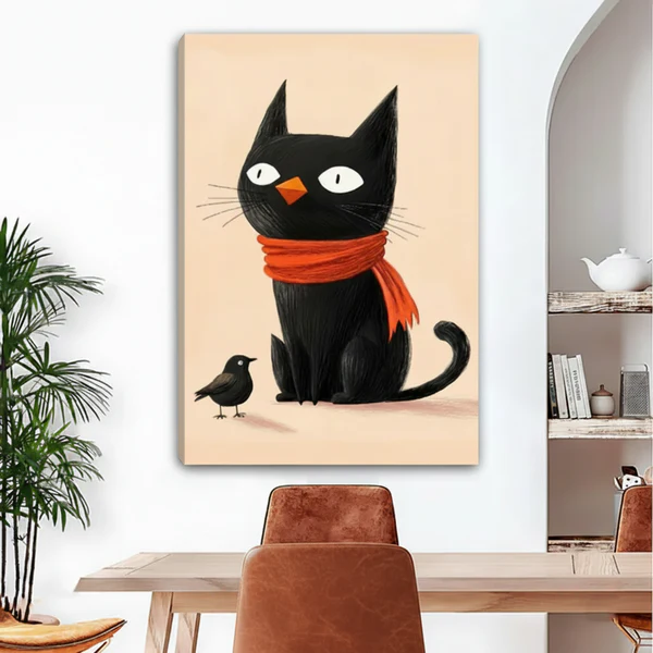 Cute black cat bird disguise gallery wrap canvas art on white wall, frameless whimsical home decor