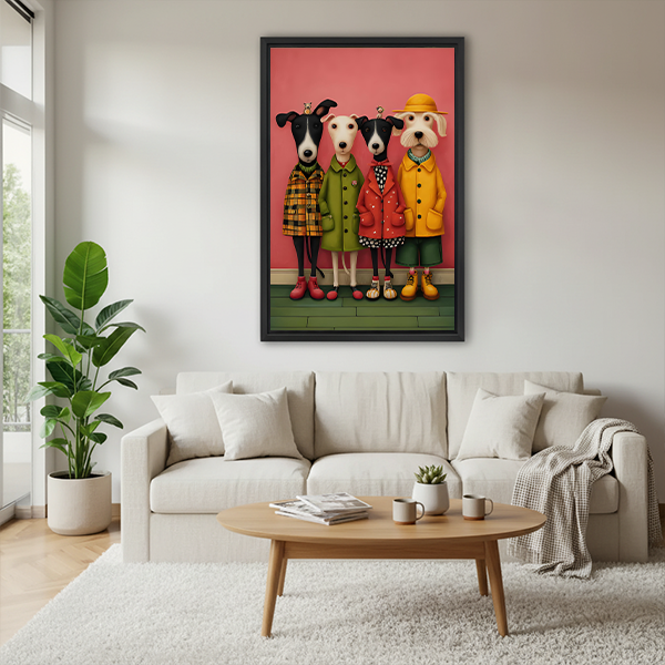 Framed four dogs portrait canvas wall art with pink background displayed between indoor plants.