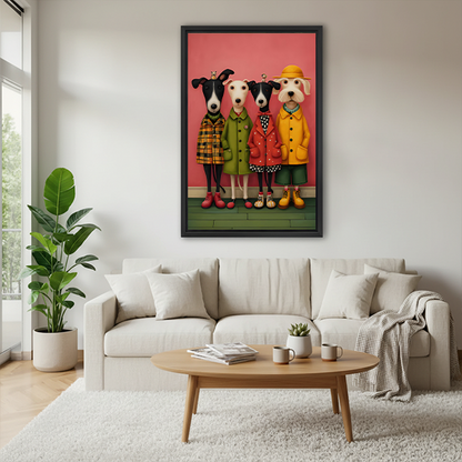 Framed four dogs portrait canvas wall art with pink background displayed between indoor plants.