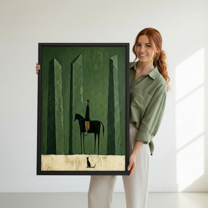 Woman holding large framed minimalist knight forest dark green canvas print, moody black horse rider with cat wall art size reference photo