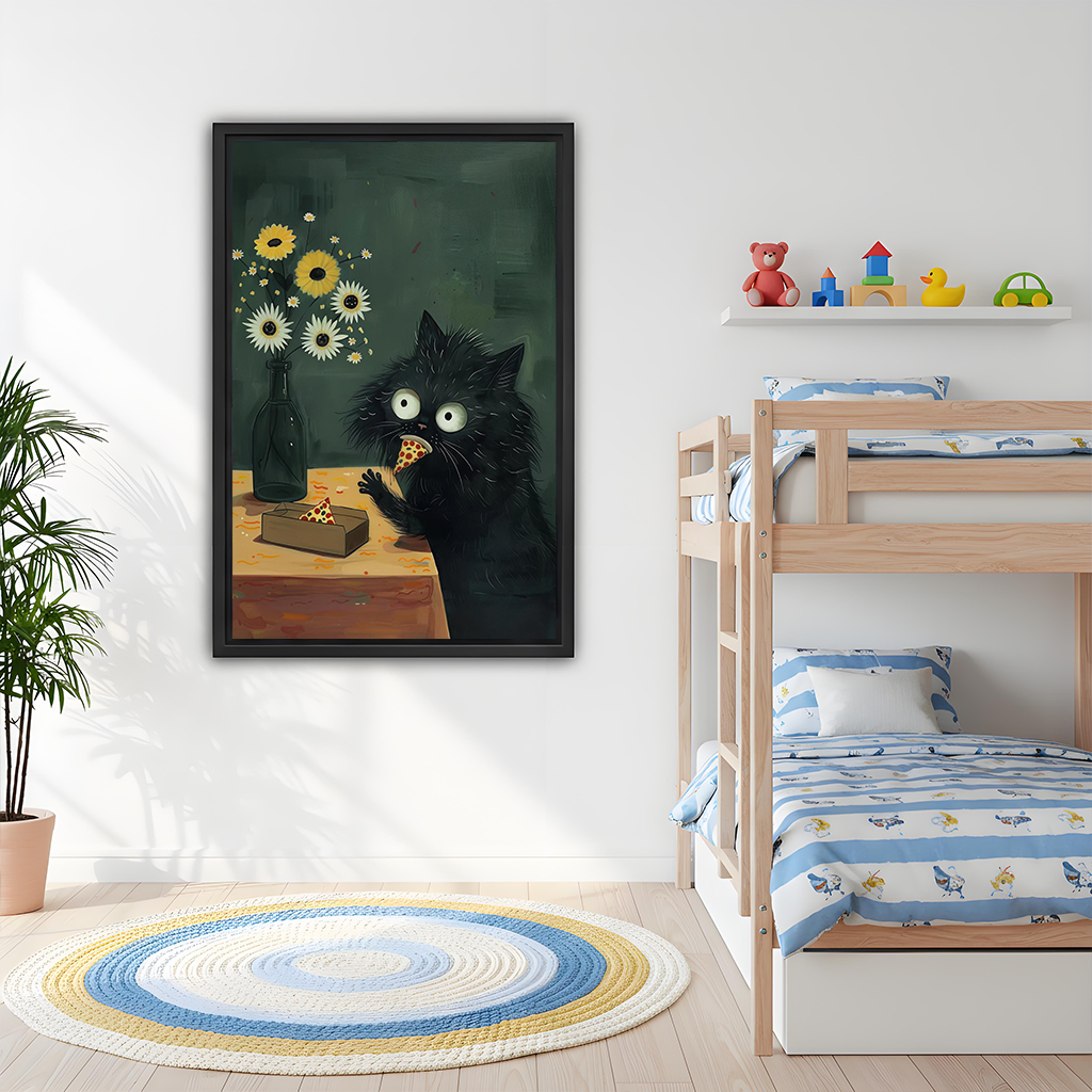 Gallery-wrap black cat pizza canvas wall art above a dining table, showing a wide-eyed cat beside a flower vase.