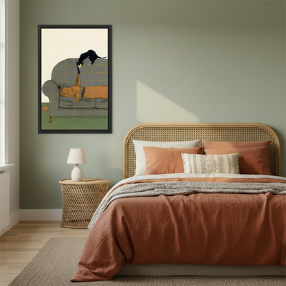 Cat and dog illustrated art print in a black frame above a boho bedroom bed, cozy pet lover wall decor