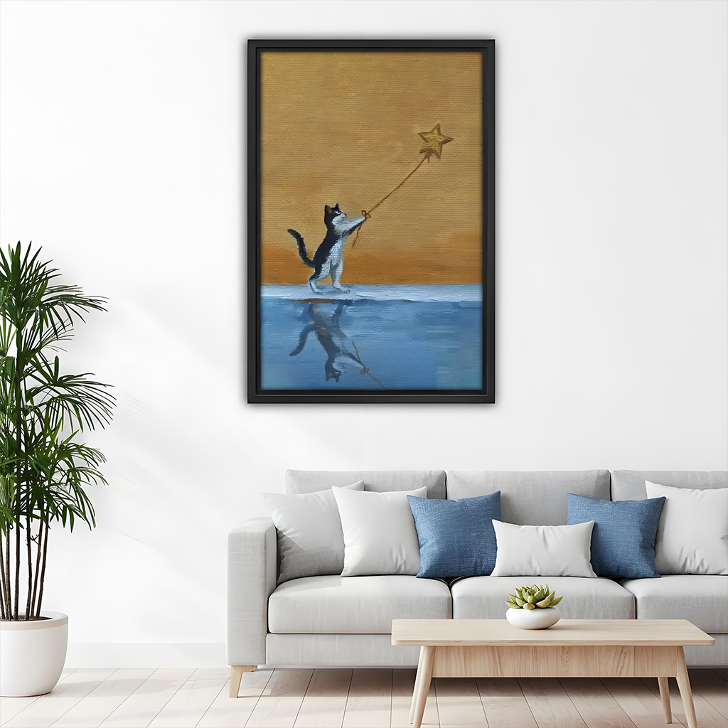 Inspirational cat star oil painting framed print above sofa, modern living room wall art

