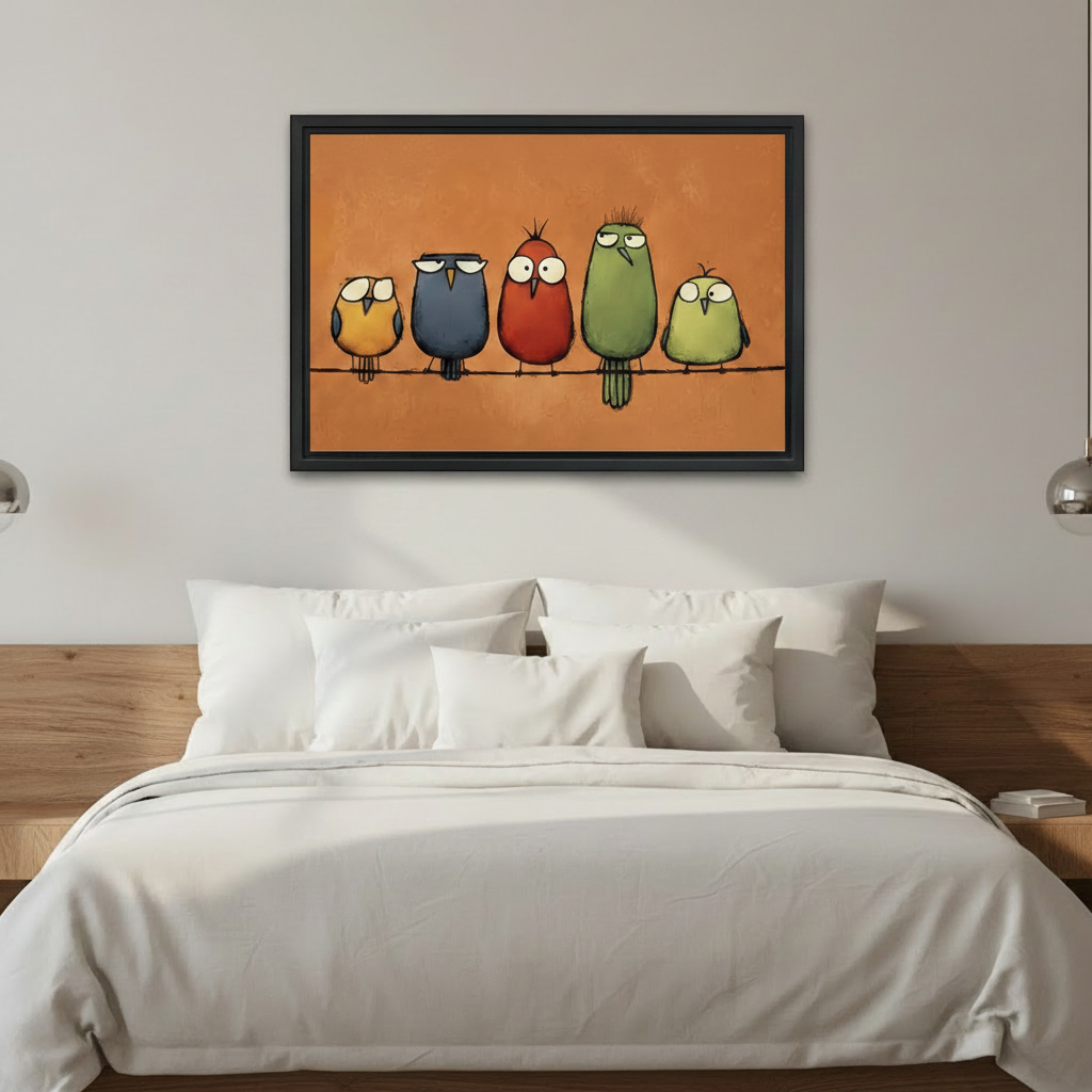 Quirky Birds on a Wire Framed Canvas Wall Art - Whimsical Bird Print for Bedroom Decor