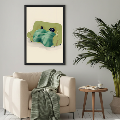 Green sofa cat dog art print in framed black frame — cozy animal wall art for bedroom living room