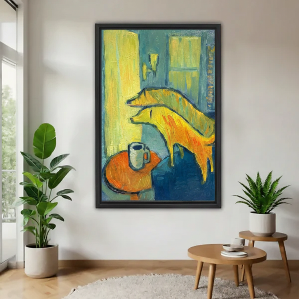 Bold expressive golden dog canvas wall art in black frame displayed on white wall with indoor plants