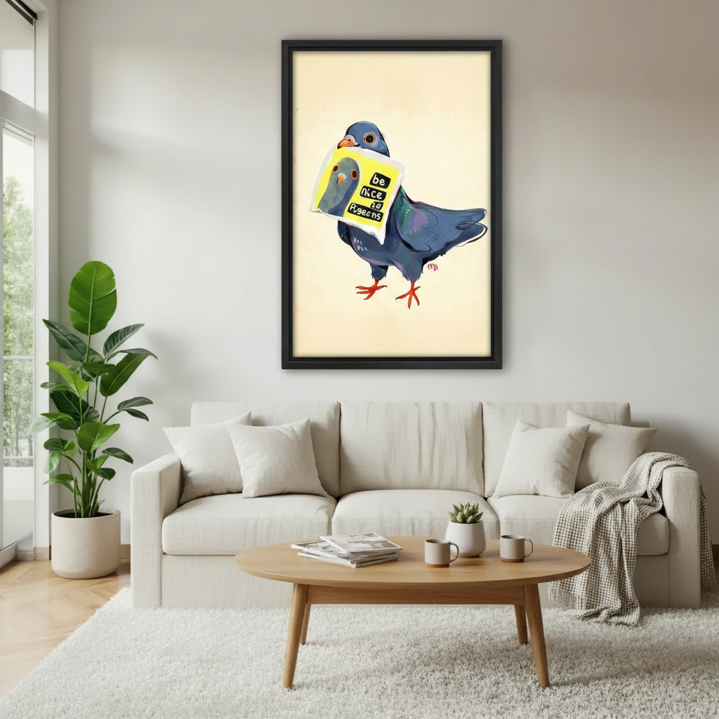 Whimsical pigeon canvas print above living room sofa – quirky bird wall art for modern home decor