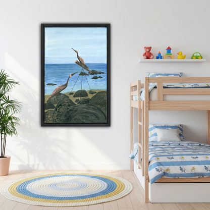 Two shore herons framed canvas wall art on white wall in kids bedroom with bunk bed and colorful toys