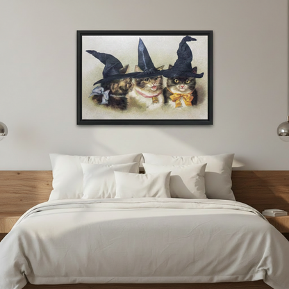Victorian three witch cats halloween vintage framed canvas wall art above bed in modern bedroom