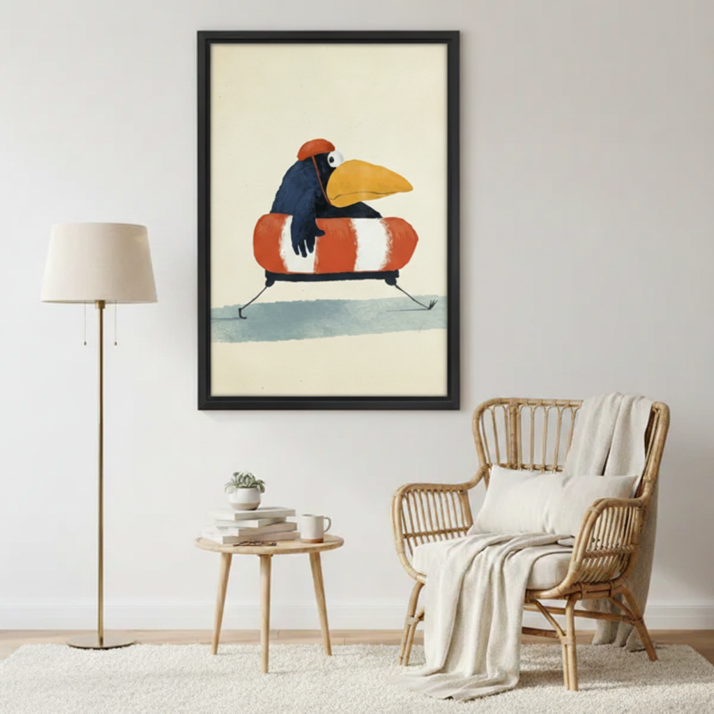 Quirky bird vintage illustration framed canvas wall art displayed in a bright Scandinavian living room with rattan chair and floor lamp