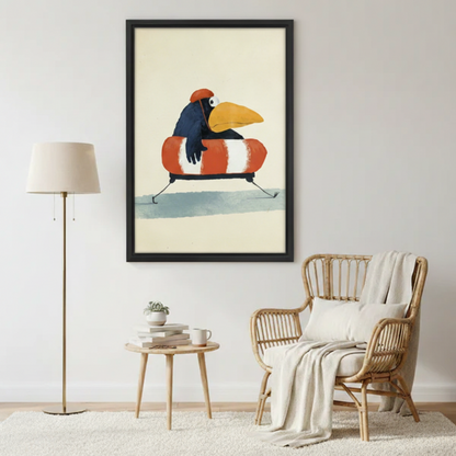 Quirky bird vintage illustration framed canvas wall art displayed in a bright Scandinavian living room with rattan chair and floor lamp