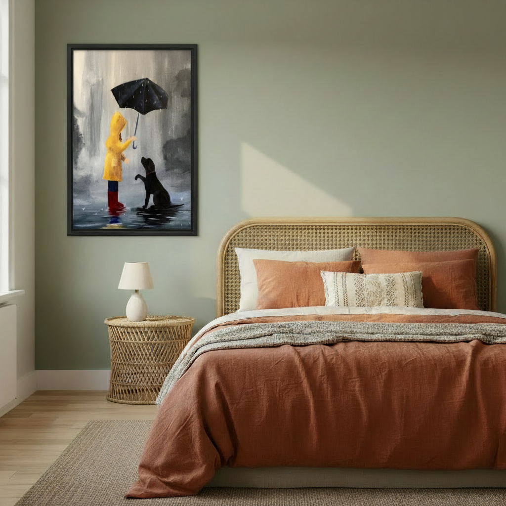 Rainy Day Girl and Dog framed canvas wall art displayed in cozy bedroom with sage green walls