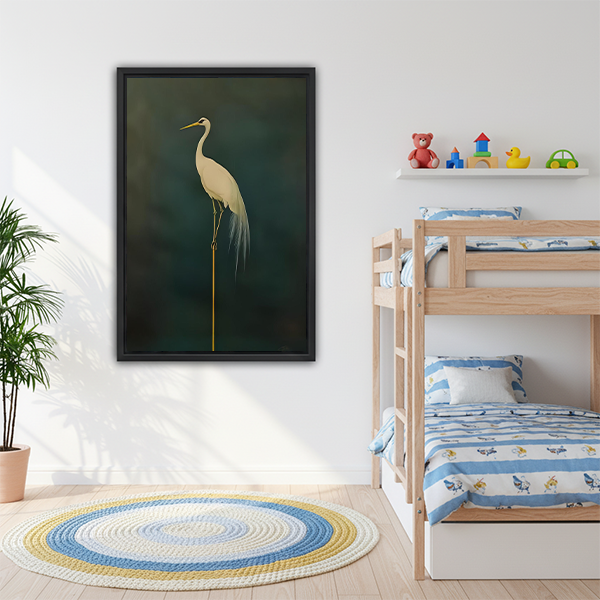 Elegant white egret framed canvas wall art in kids bedroom, minimalist dark green bird print for children's room decor