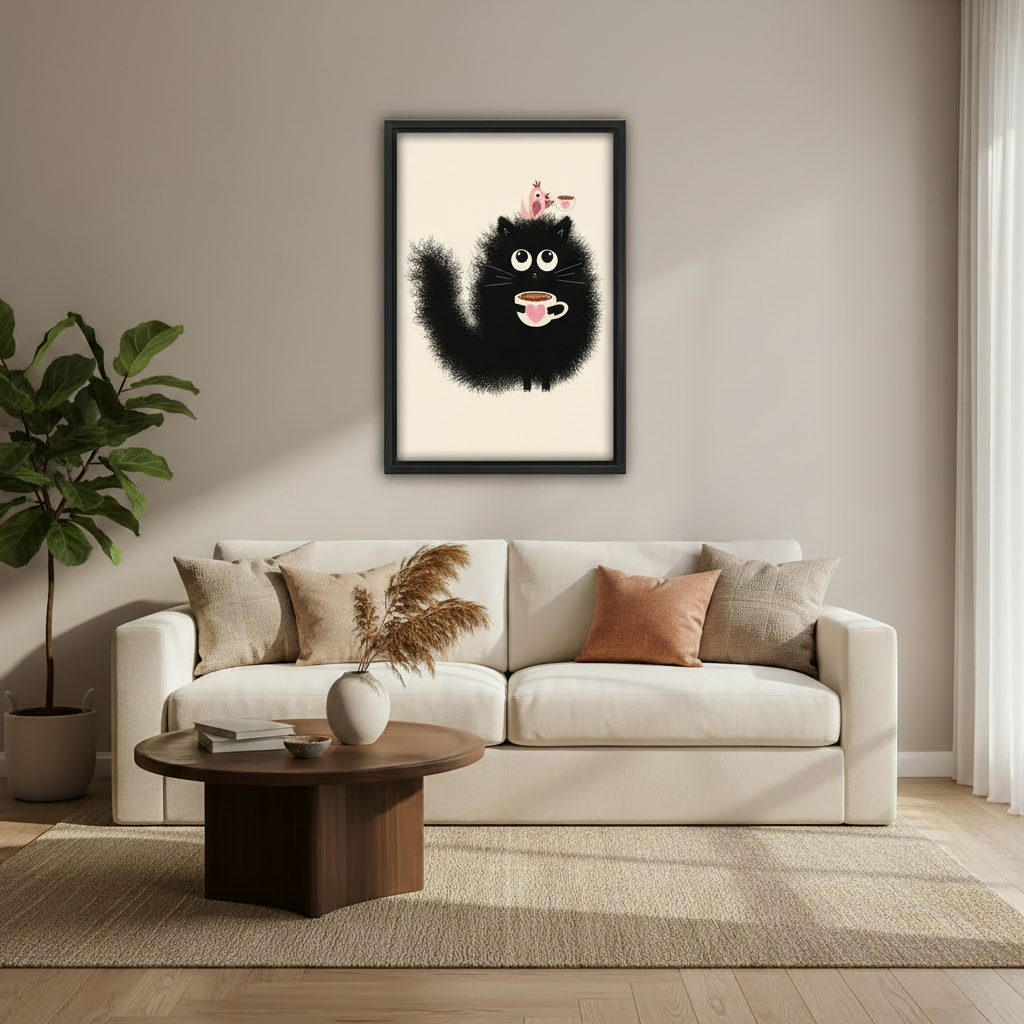 Cute fluffy black cat with pink heart coffee mug and pink bird whimsical wall art print in black frame above cream sofa with dark round coffee table pampas grass vase and fiddle leaf fig in modern living room