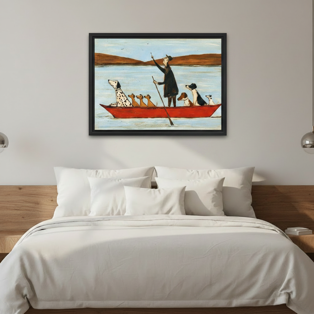 Framed whimsical folk art man with dogs in red boat canvas wall art above bed in modern bedroom decor