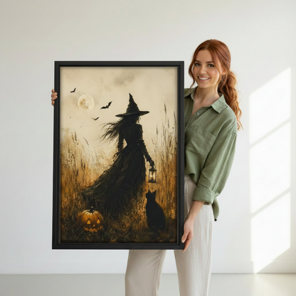 Woman holding large framed gothic witch canvas print, Wall art with black cat lantern and pumpkin