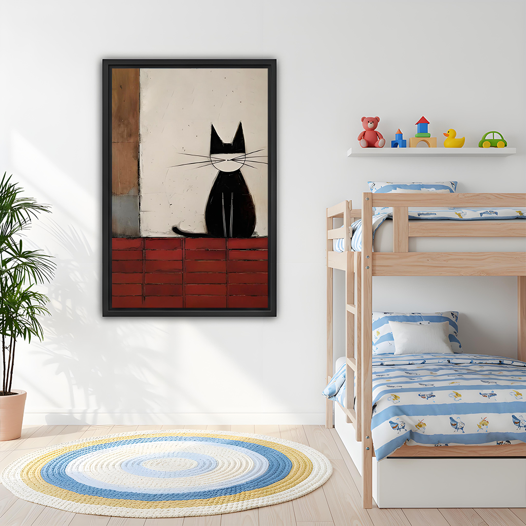 Black cat canvas wall art beside a bunk bed in a bright children's bedroom