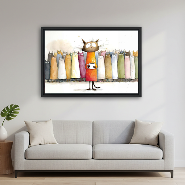 Framed whimsical cat crowd coffee canvas art above living room sofa