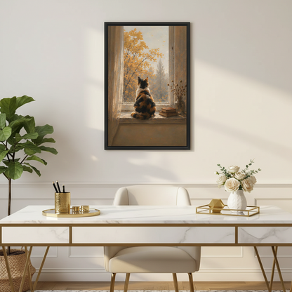 Vintage calico cat framed wall art print in elegant home office with marble desk and gold accents