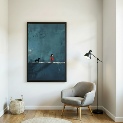 Girl in red dress black cat dark moody wall art in black frame beside grey armchair and floor lamp – deep teal painterly print in modern minimalist reading corner