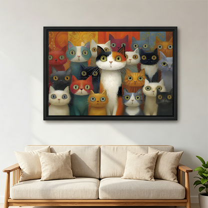 Framed colorful cats canvas wall art featuring whimsical feline faces above a wooden sofa with cream cushions.