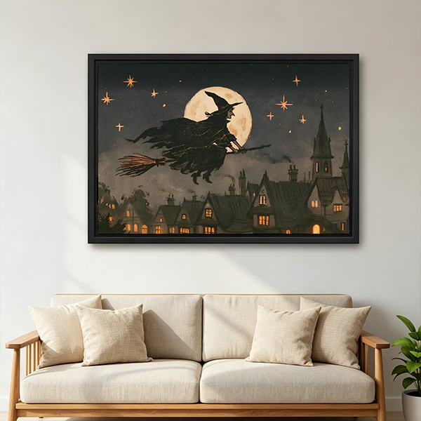 Black-framed moonlit witch canvas wall art above white bedding and a wooden headboard, depicting a witch on a broomstick.
