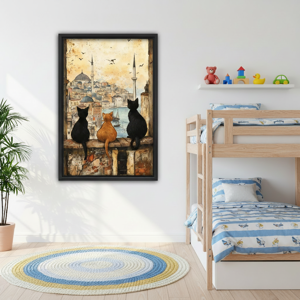 Istanbul cats vintage watercolor framed canvas print in kids room — whimsical travel cat wall art with minaret cityscape