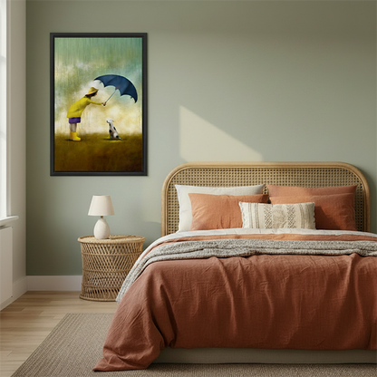 Whimsical dog love framed art print on sage green bedroom wall above a rattan bed with terracotta bedding