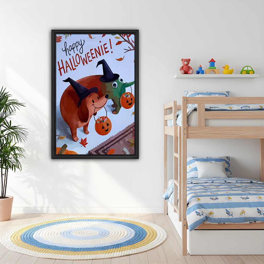 Halloween dachshund canvas wall art in a black frame beside wooden bunk beds and a shelf of toys.