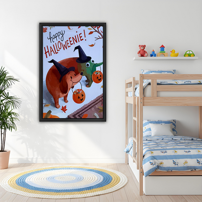 Halloween dachshund canvas wall art in a black frame beside wooden bunk beds and a shelf of toys.
