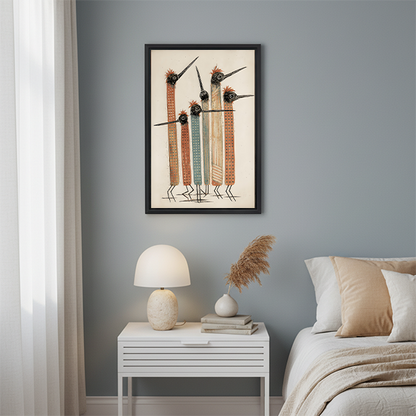 Five tall abstract tribal birds with red fluffy crests long pointed beaks striped terracotta and grey-blue bodies with dot texture patterns folk art hand-drawn illustration on aged cream background framed wall art hung on dusty blue wall above white ribbed nightstand with dome table lamp stacked books and dried pampas grass vase beside beige linen bed