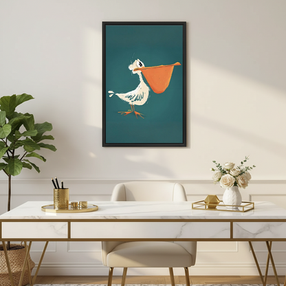 Cartoon pelican canvas art in black frame above marble desk in elegant gold home office