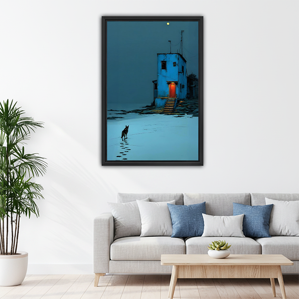 Minimalist blue night dog house moon canvas print above living room sofa
