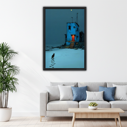 Minimalist blue night dog house moon canvas print above living room sofa
