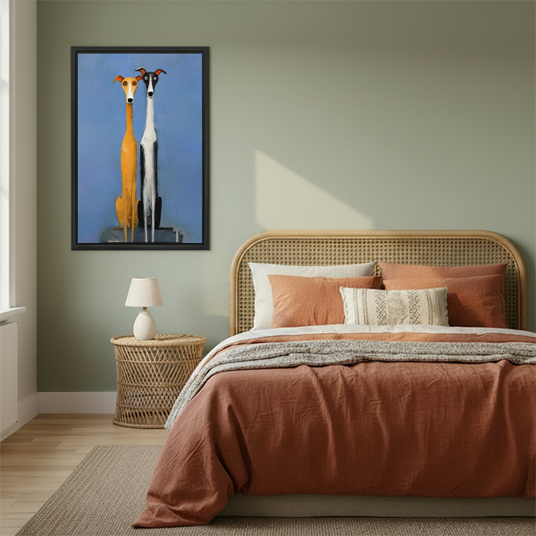 Whimsical greyhound wall art print in warm boho bedroom decor