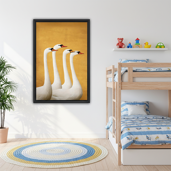 Elegant swan quartet golden background framed canvas wall art in kids bedroom, four white swans print for children's room decor