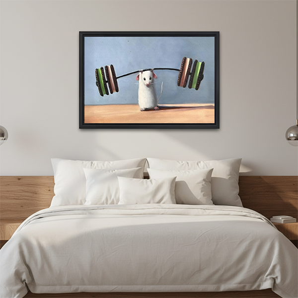 Whimsical weightlifting mouse canvas print above bed – bedroom funny animal wall art
