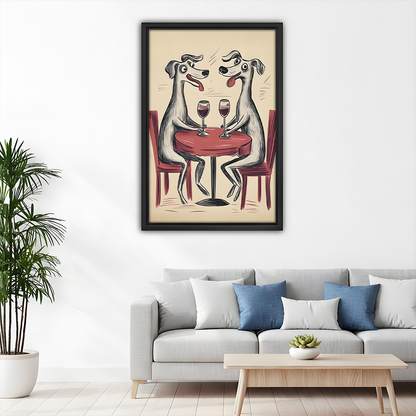 Woman holding funny dog wine date framed art print