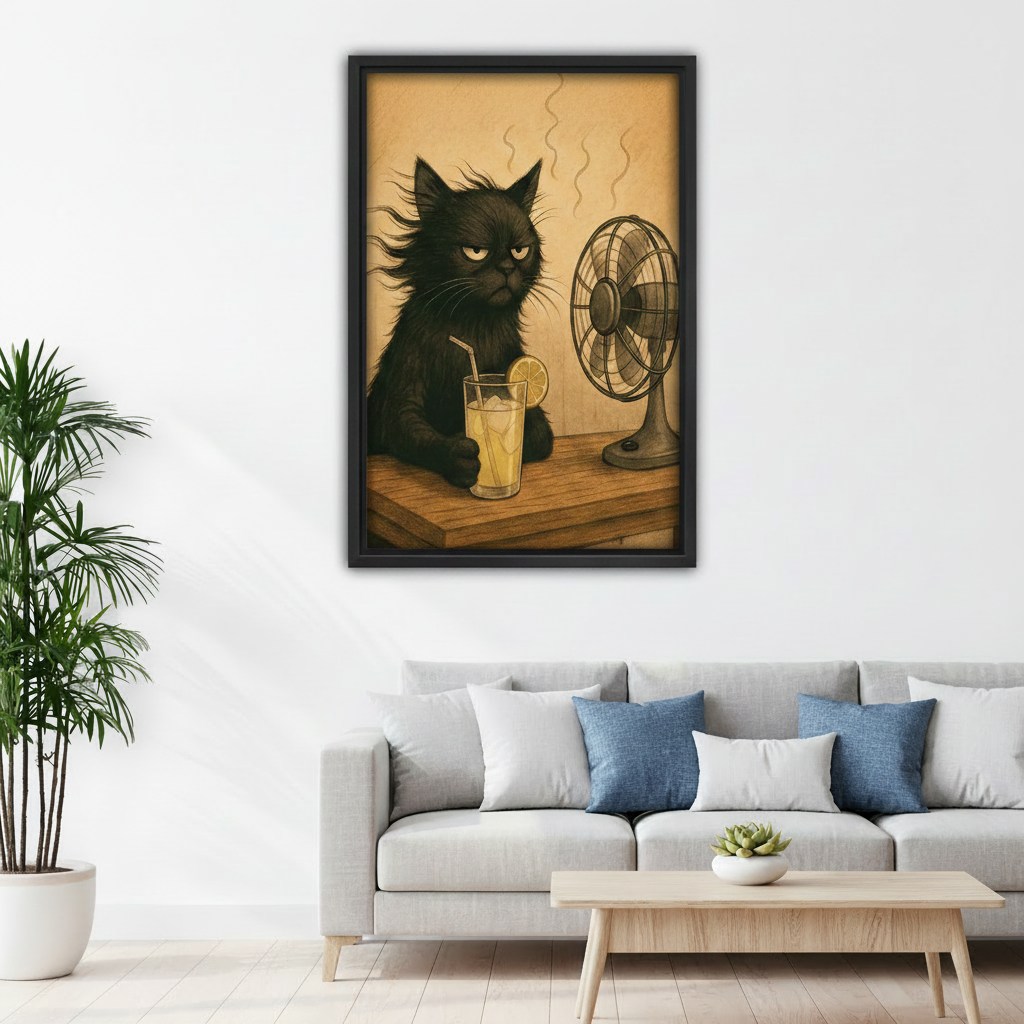 Funny grumpy black cat retro framed canvas wall art displayed above sofa in modern living room