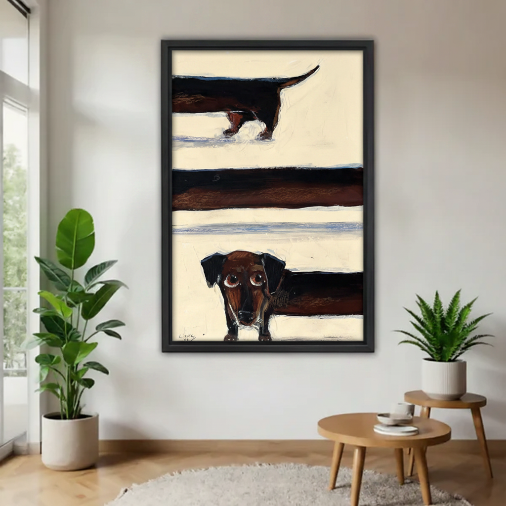 Framed dachshund peeking wall art print hanging in minimalist entryway