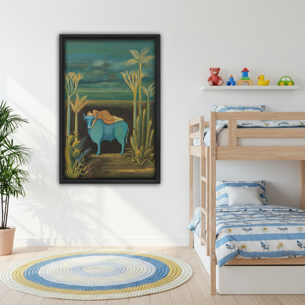 Surrealist blue bull framed canvas print hanging in a children's bedroom above wooden bunk beds, eclectic boho wall art decor
